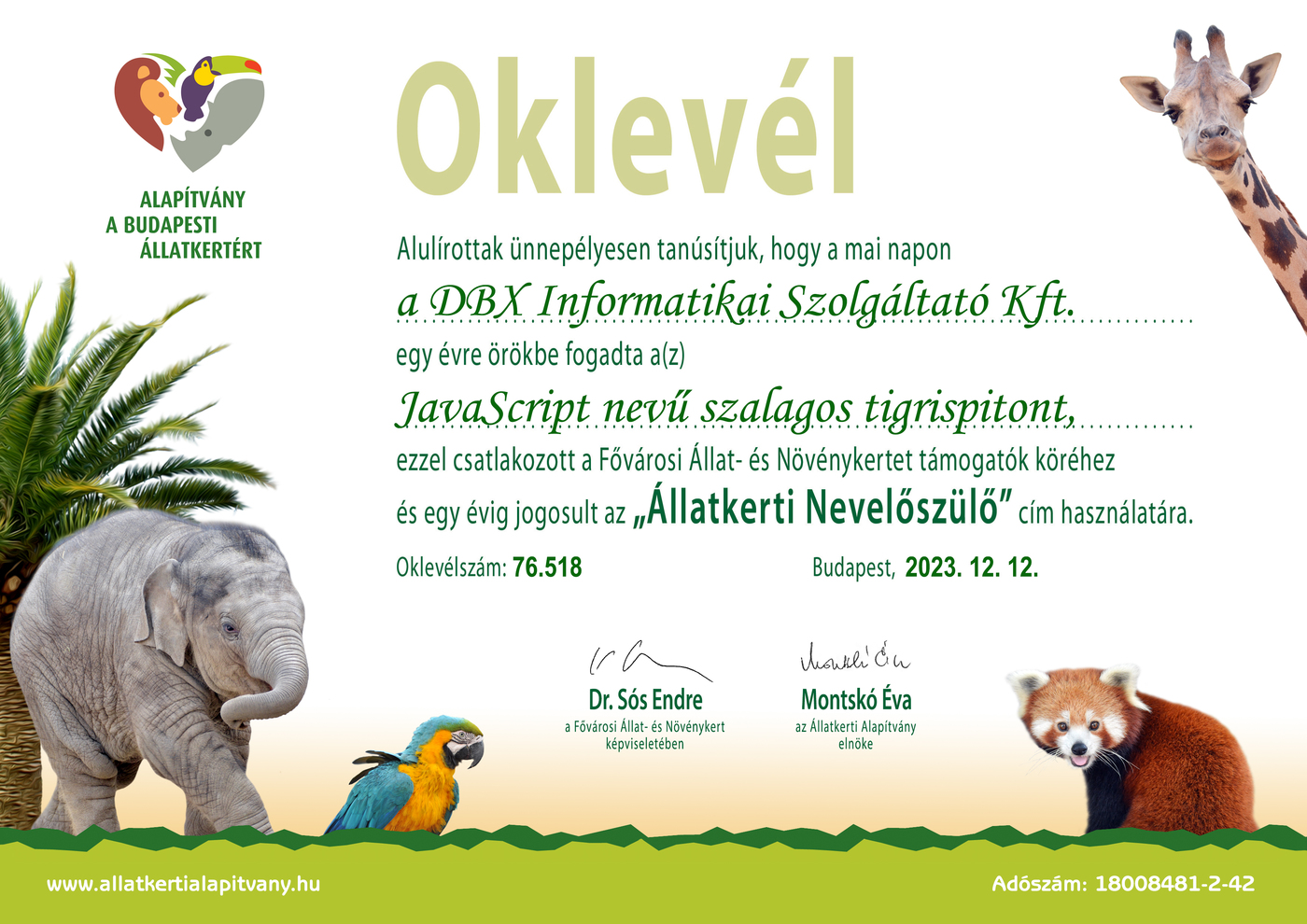 A DBX Kft. Állatkerti nevelőszülői oklevele - JavaScript piton